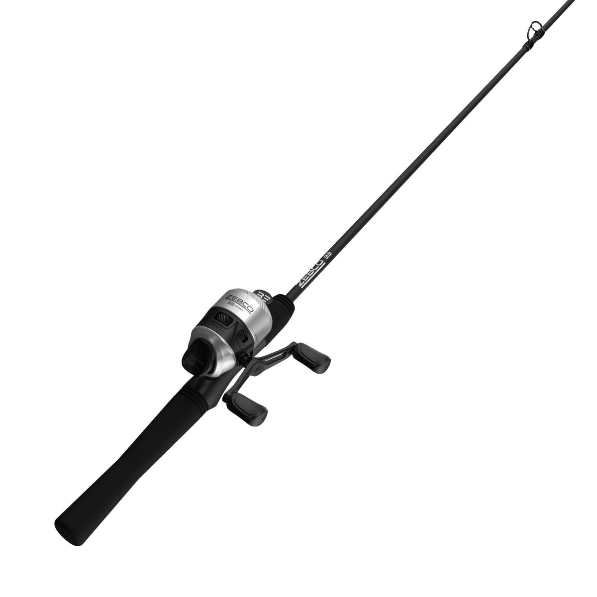 Angled black fishing rod with silver Zebco 33 spincast reel and black handle.