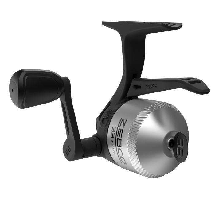 Silver and black Zebco 33 Micro spincast reel with ridged spool.