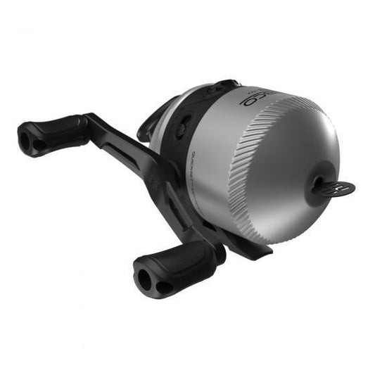 Silver and black spincast fishing reel with a ribbed front cap.