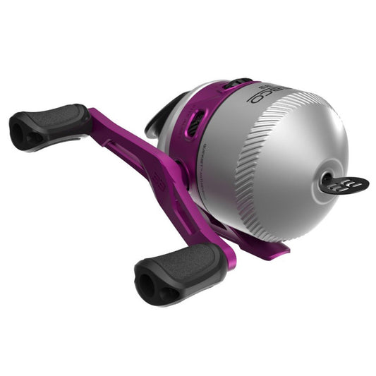 Angled view of a silver and purple Zebco 33 spincast fishing reel.
