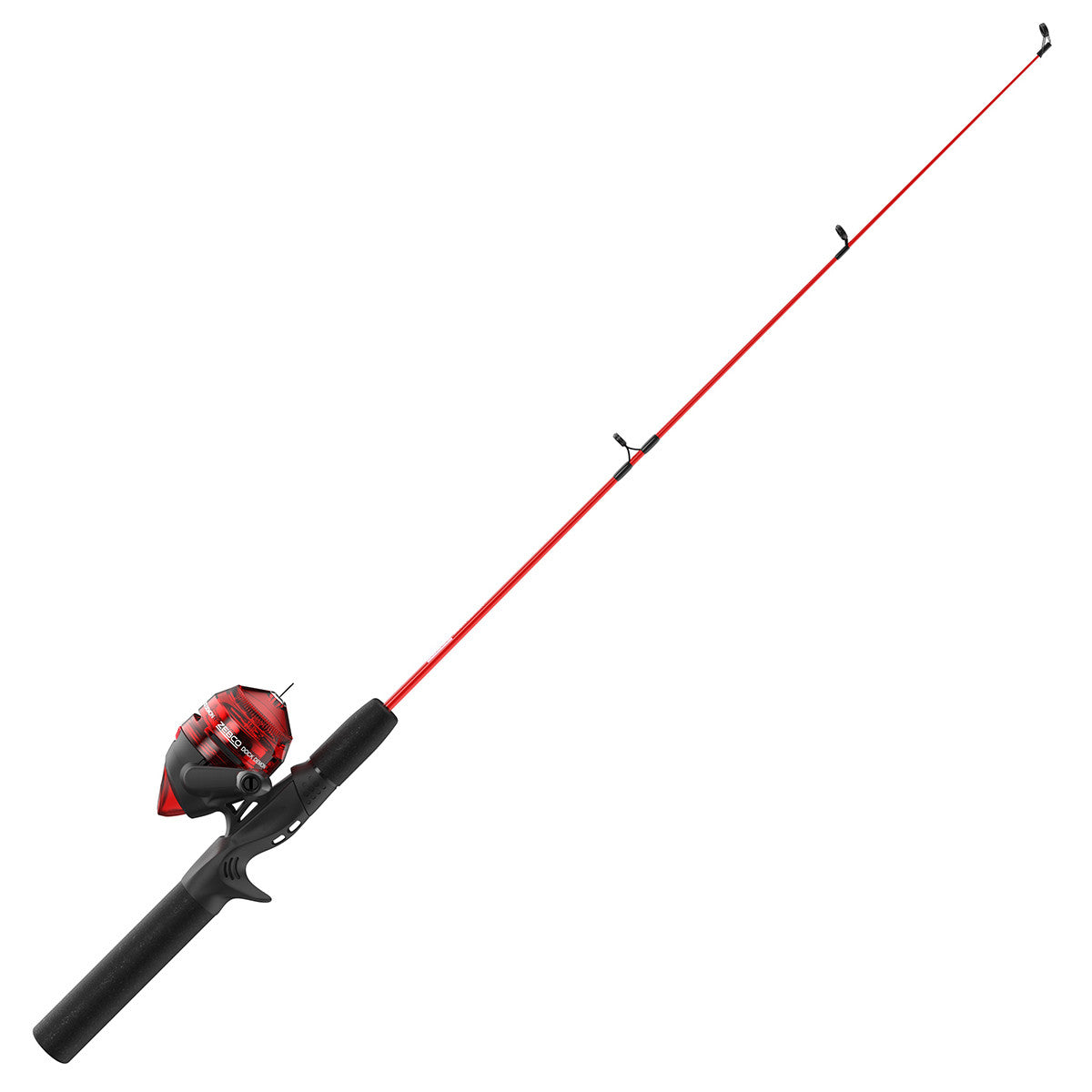 Red spincast fishing rod and reel combo with black textured handle.