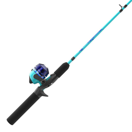 Teal and black fishing rod and spincast reel combo with blue graphics.
