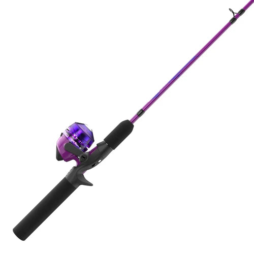 Purple fishing rod and reel combo with a black foam handle.