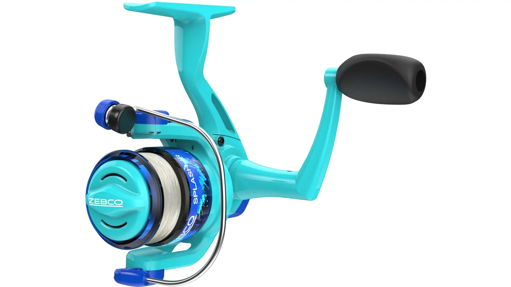 Aqua blue Zebco Splash spinning reel with white line.