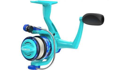 Aqua blue Zebco Splash spinning reel with white line.