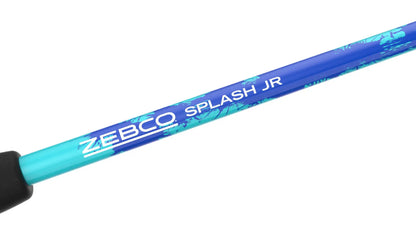 Blue Zebco Splash Jr fishing rod with teal splatter pattern.