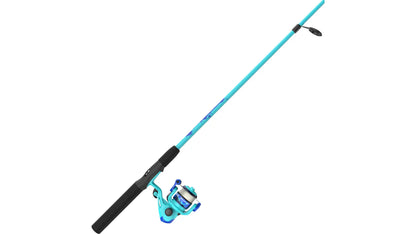 Blue and black fishing rod and reel combo with a splatter design.