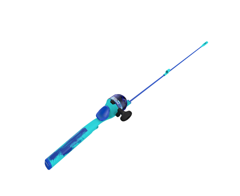 A blue and teal child's fishing rod and reel combo with a patterned handle.