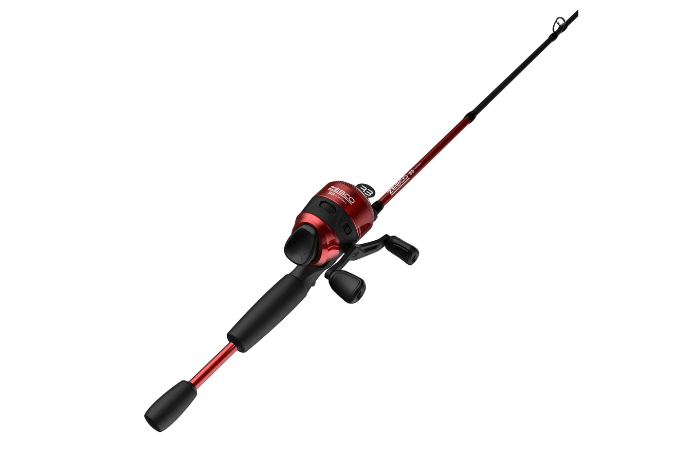 Red and black Zebco spincast fishing rod and reel combo, angled upwards.
