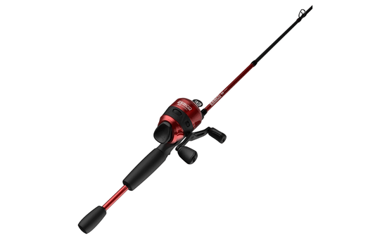 Red and black Zebco spincast fishing rod and reel combo, angled upwards.