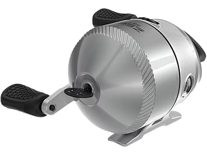 Angled view of a silver spincast fishing reel with a ribbed front and black handle.