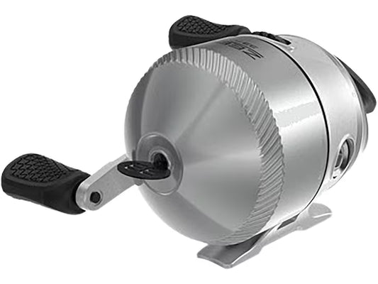 Angled view of a silver spincast fishing reel with a ribbed front and black handle.