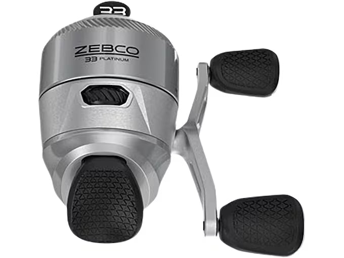 Silver Zebco 33 Platinum spincast reel with black textured handles.