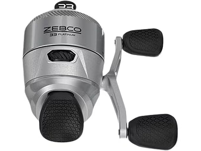 Silver Zebco 33 Platinum spincast reel with black textured handles.