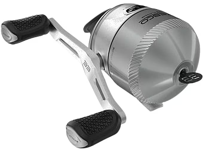Silver Zebco 33 spincast reel with black textured handles and ridged cone.