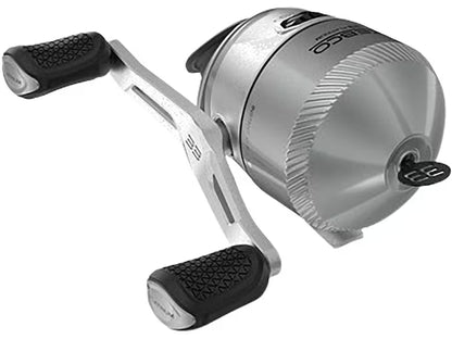 Silver Zebco 33 spincast reel with black textured handles and ridged cone.