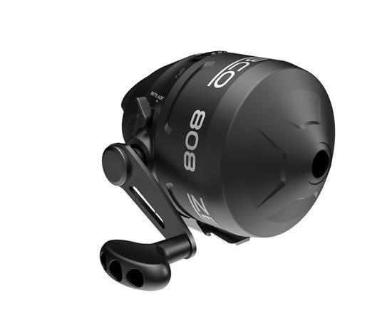 Angled view of a black Zebco 808 spincast fishing reel.