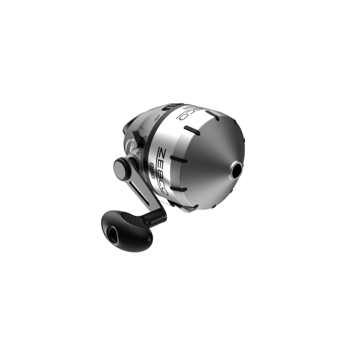 Silver Zebco spincast fishing reel with black handle and conical front.