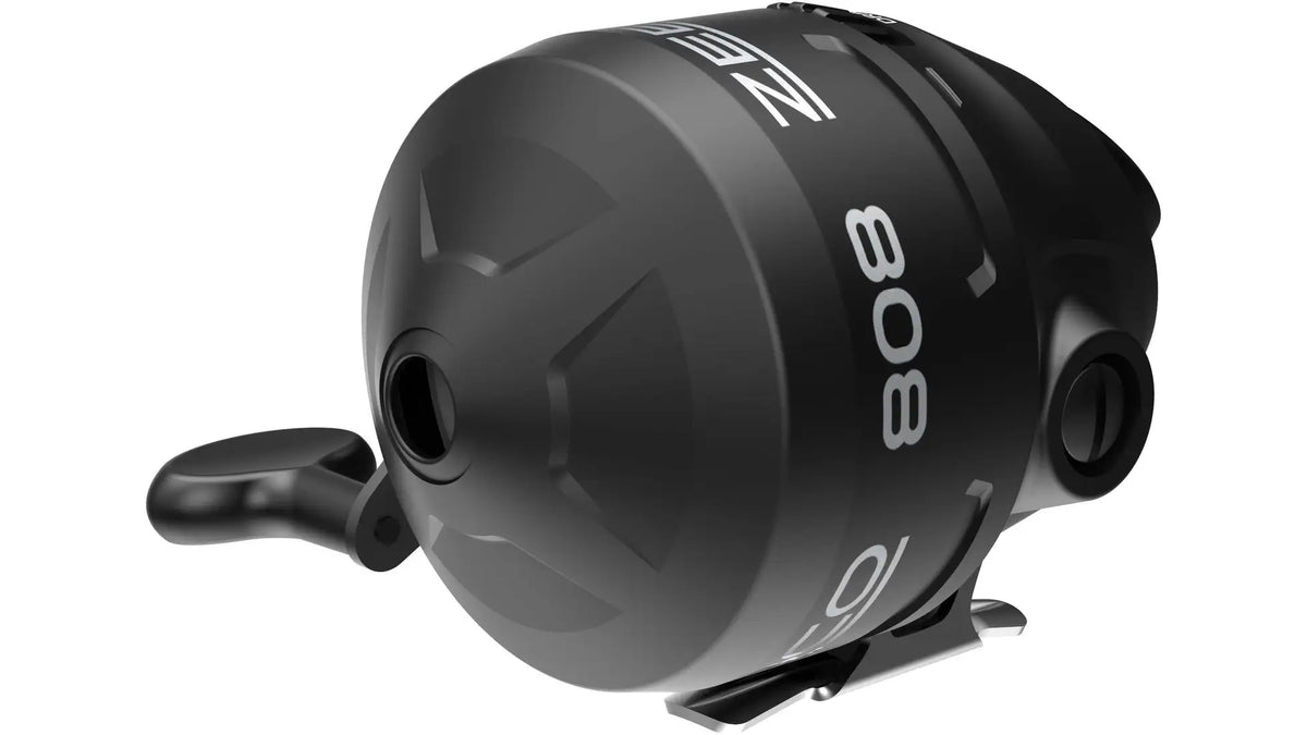 Angled view of a black Zebco 808 fishing reel with white text.