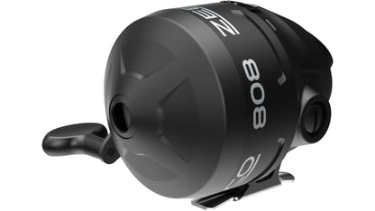 Angled view of a black Zebco 808 fishing reel with white text.