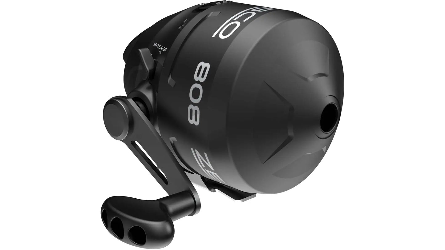 Angled black Zebco 808 fishing reel with white text and a bite alert switch.