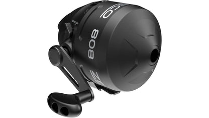 Angled black Zebco 808 fishing reel with white text and a bite alert switch.