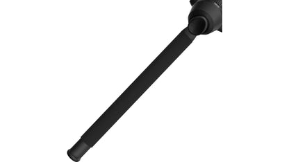 Black fishing rod handle and reel with visible drag control.
