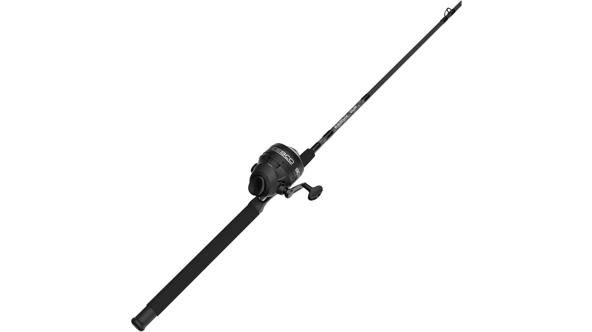 A black Zebco spincast fishing rod and reel combo on a white background.