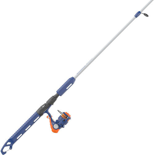 White and blue fishing rod with an orange and blue spinning reel.