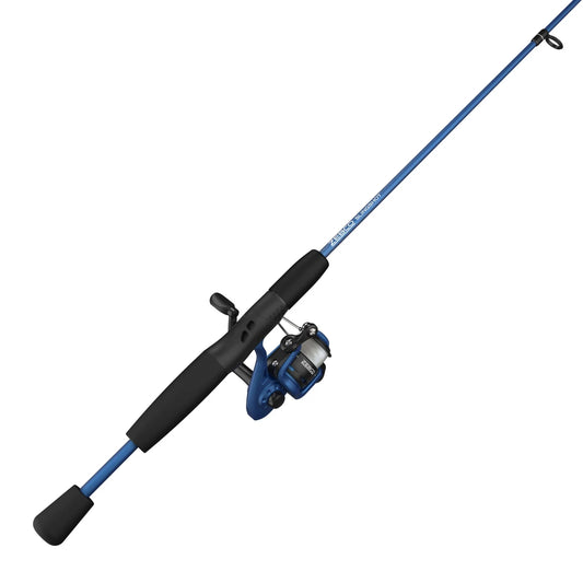 A blue Zebco Slingshot spinning rod and reel combo with black handle and white line.