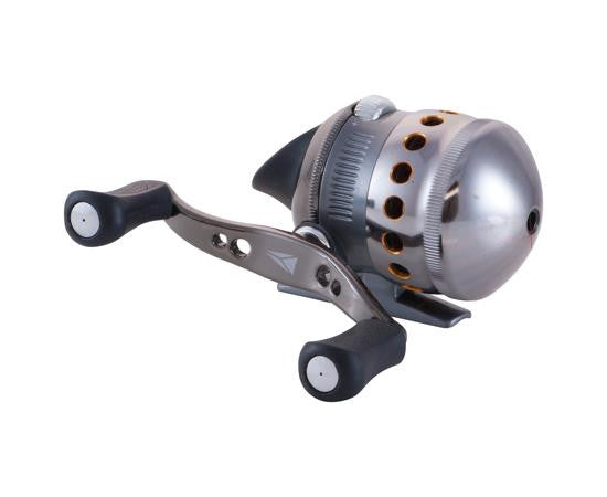 A silver and black spincast fishing reel with a metallic finish.