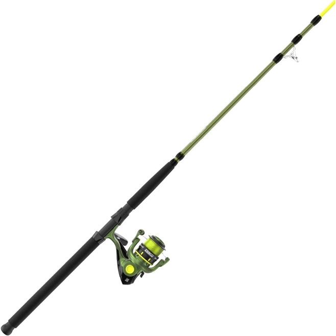 Angled olive green Zebco spinning combo with black handle and yellow tip.