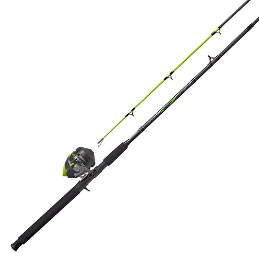 Black and neon green fishing rod and spincast reel combo, angled diagonally.