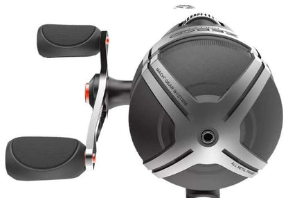 Dark grey spincast fishing reel with silver accents and black handle grips.