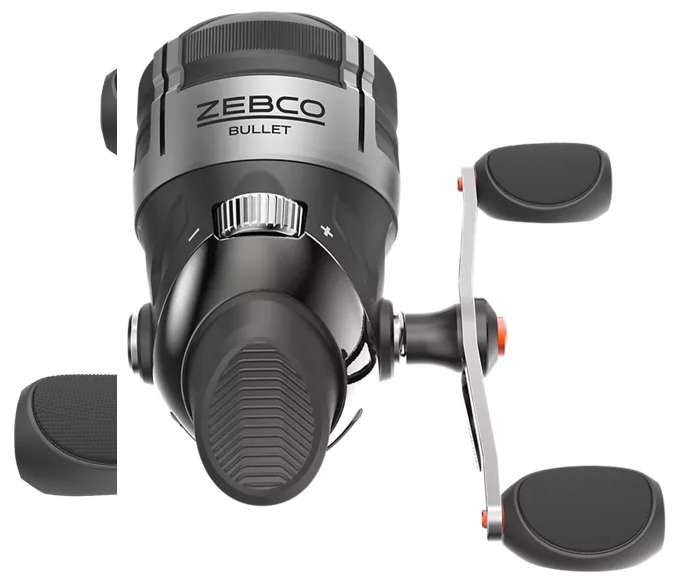 Black and silver Zebco Bullet spincast fishing reel with orange accents.