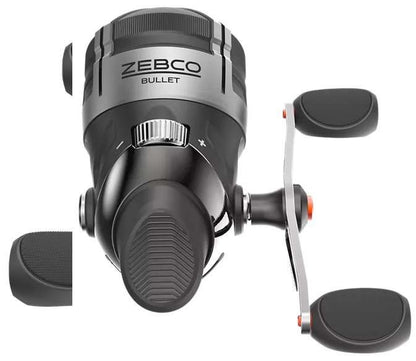 Black and silver Zebco Bullet spincast fishing reel with orange accents.