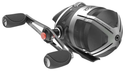 Black and silver fishing reel with a red button and ergonomic handle grips.
