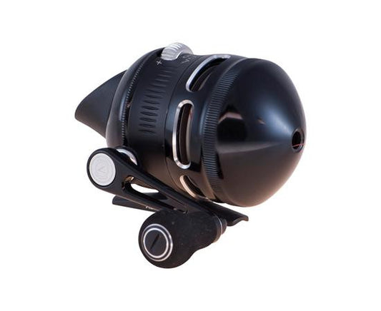 Shiny black spincast fishing reel with silver accents, angled left.