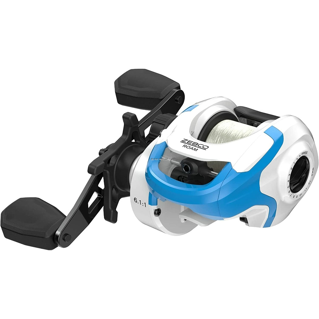 White and blue Zebco Roam baitcast fishing reel with black handle.