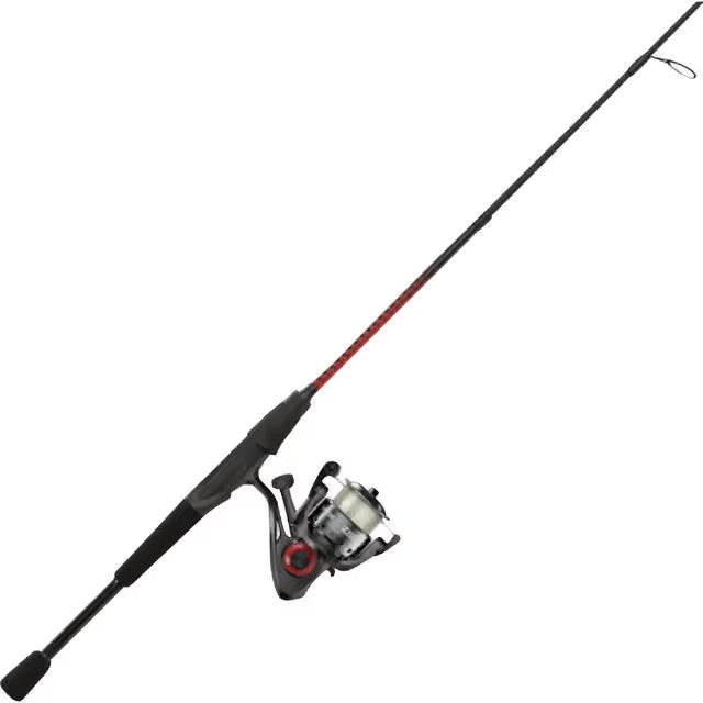 Black fishing rod and reel combo with red accents on a white background.