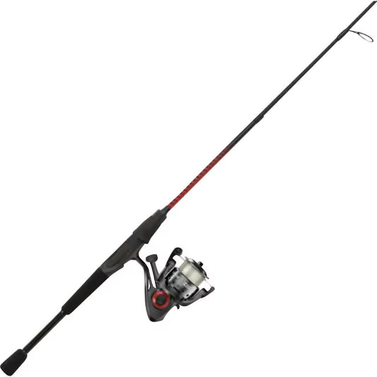 Black fishing rod and reel combo with red accents on a white background.