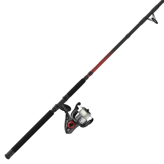 Diagonal black and red fishing rod with silver spinning reel.