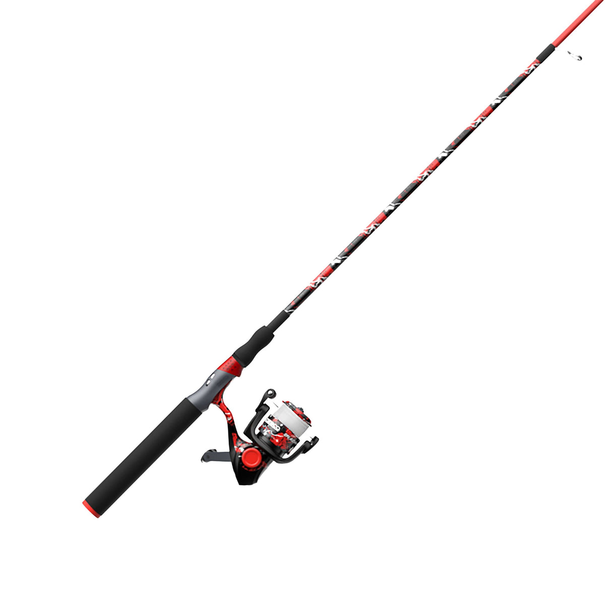 Red and black patterned fishing rod with a matching spinning reel.