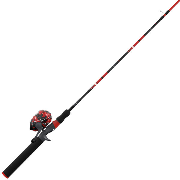 Angled black fishing rod with red splash pattern reel and accents.