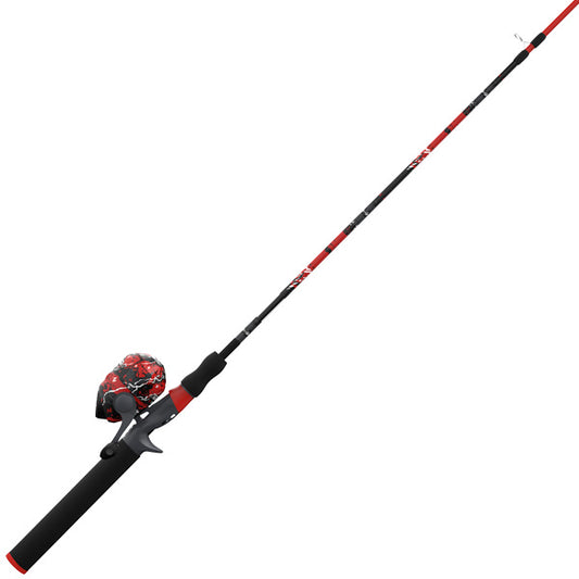 Angled black fishing rod with red splash pattern reel and accents.
