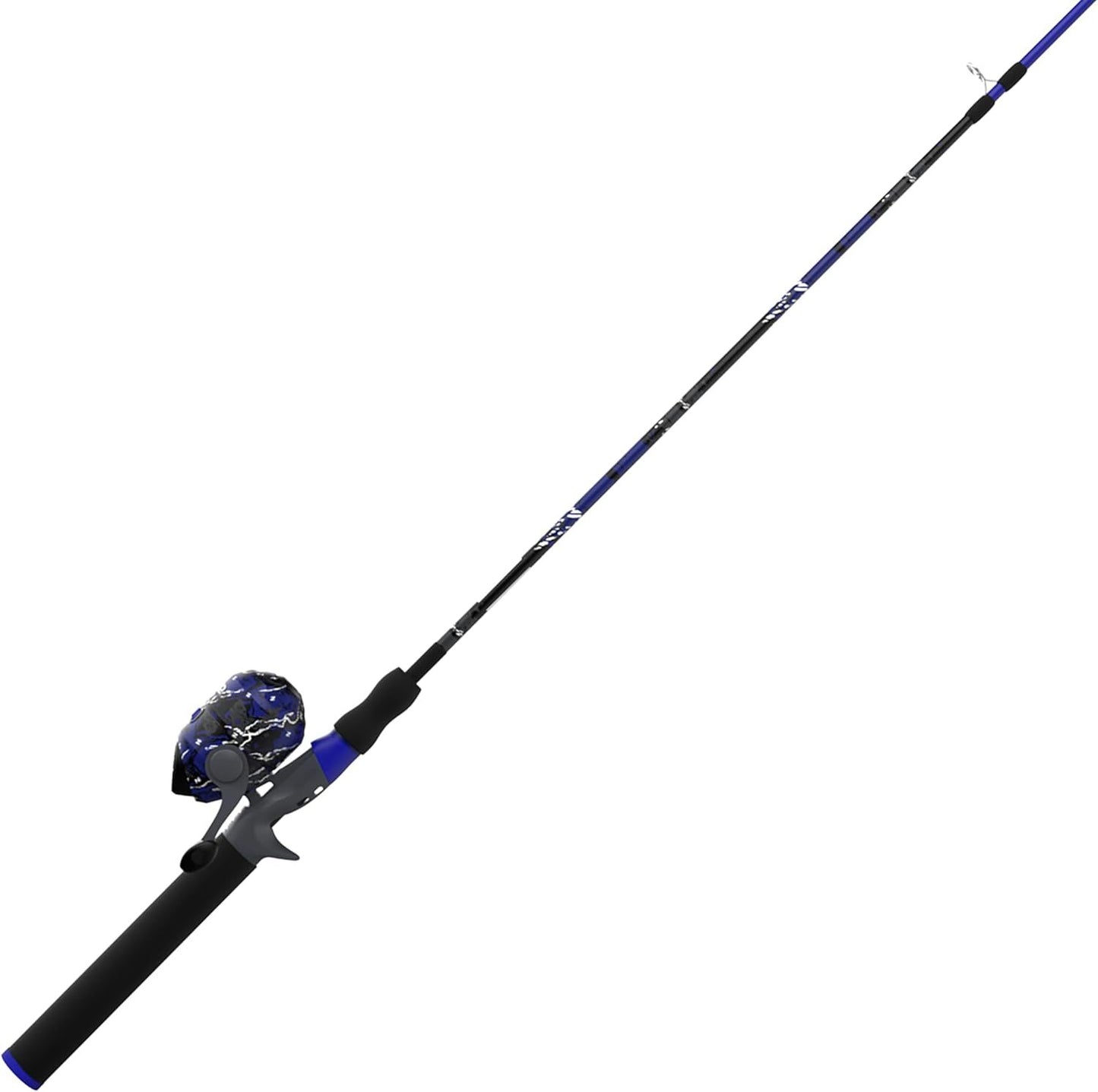 Blue and black patterned spincast fishing rod and reel combo.