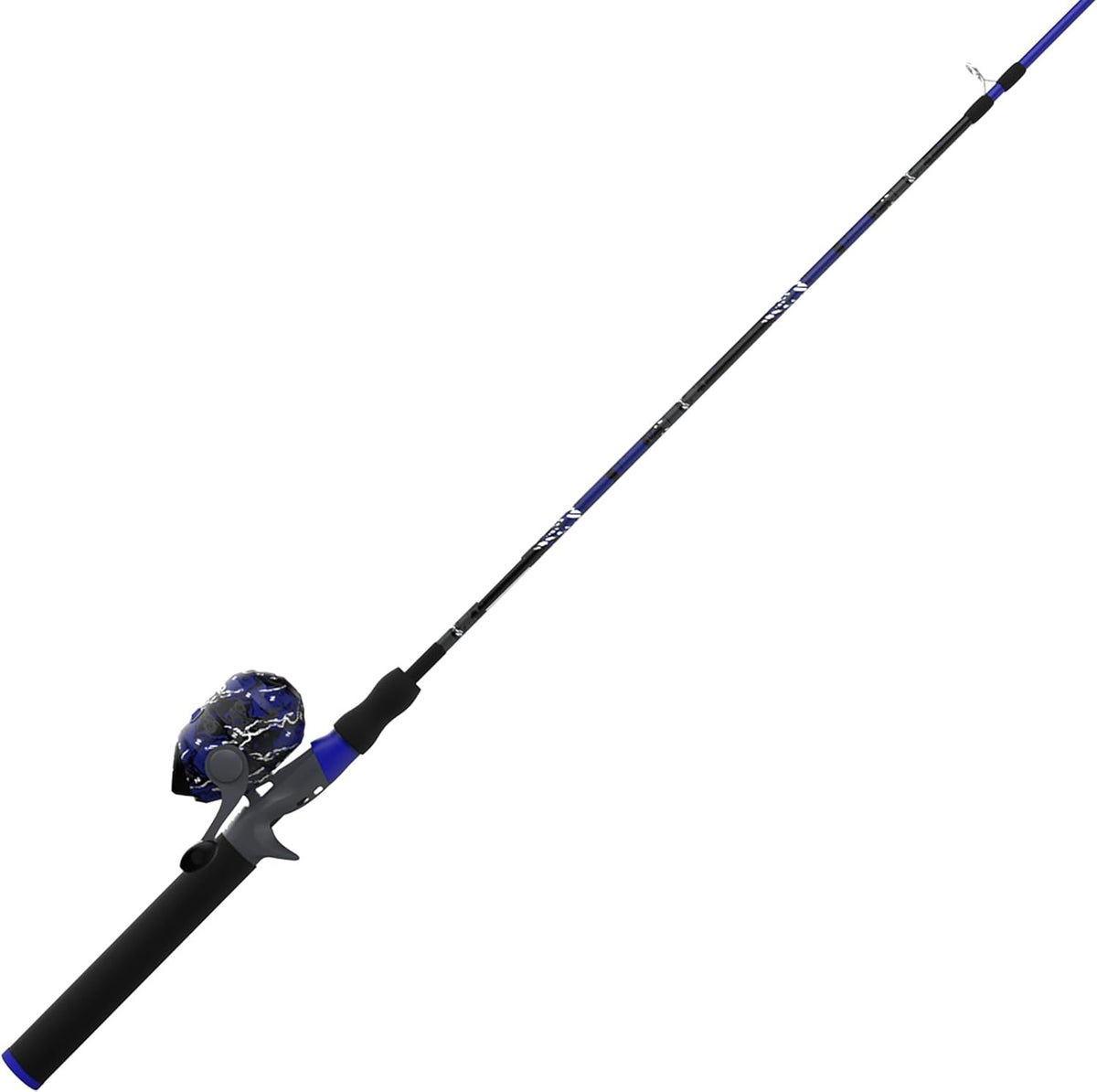 Blue and black patterned spincast fishing rod and reel combo.