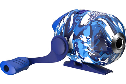 Blue and white camouflage fishing reel with a dark blue handle.