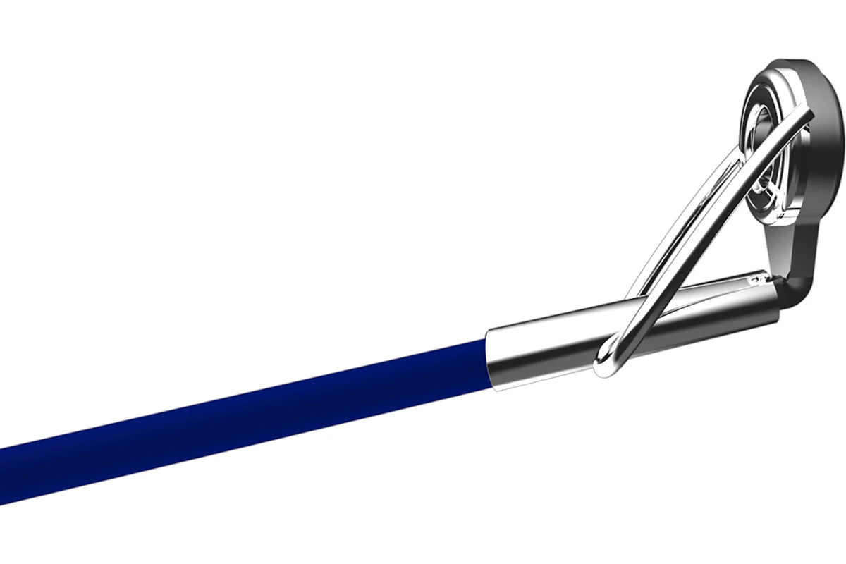 Blue fishing rod with a shiny silver tip guide on a white background.