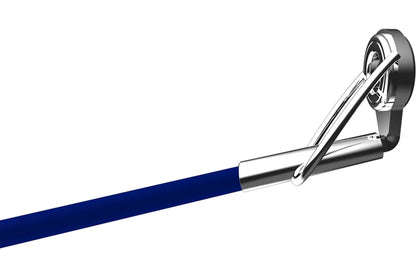 Blue fishing rod with a shiny silver tip guide on a white background.